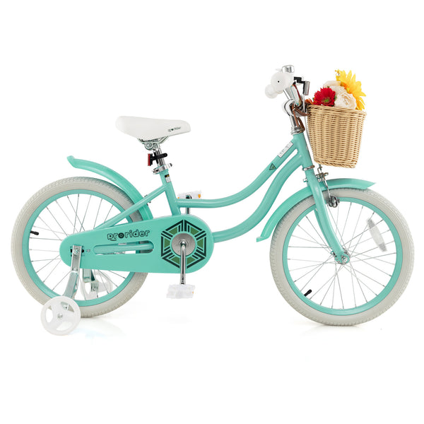18-inch kids bike with training wheels and adjustable seat, perfect for young riders learning to balance.