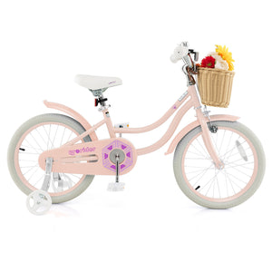 18-inch kids bike with training wheels and adjustable seat, perfect for young riders learning to balance and ride.