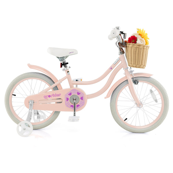 18-inch kids bike with training wheels and adjustable seat, perfect for young riders learning to balance and ride.