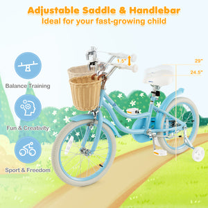18-inch kids bike with training wheels and adjustable seat, perfect for young riders learning to balance and ride.