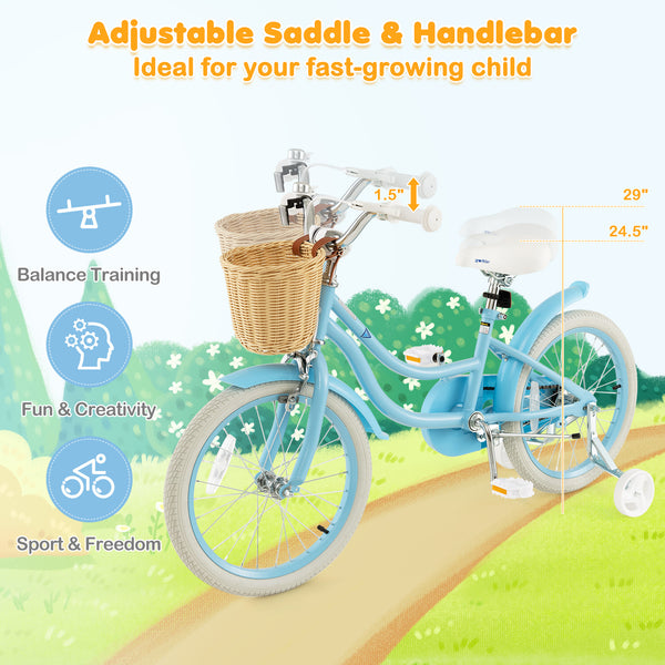 18-inch kids bike with training wheels and adjustable seat, perfect for young riders learning to balance and ride.