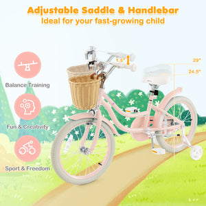 18-inch kids bike with training wheels and adjustable handlebars, perfect for young riders learning to balance.