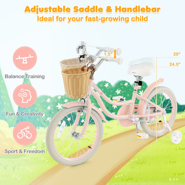 18-inch kids bike with training wheels and adjustable handlebars, perfect for young riders learning to balance.