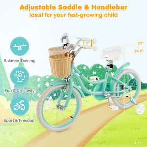 18-inch kids bike with training wheels and adjustable seat, perfect for young riders learning to balance.