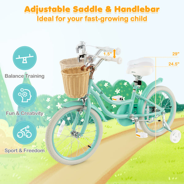 18-inch kids bike with training wheels and adjustable seat, perfect for young riders learning to balance.