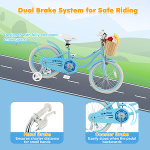 18-inch kids bike with training wheels, adjustable handlebar, and seat, perfect for young riders.