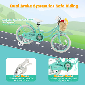 18-inch kids bike with training wheels and adjustable seat, perfect for young riders learning to balance.