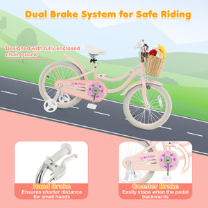 18-inch kids bike with training wheels and adjustable seat, perfect for young riders learning to balance and ride.