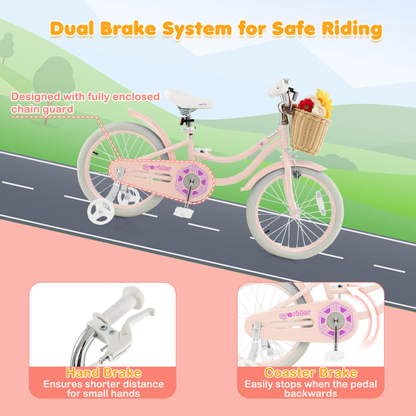 18-inch kids bike with training wheels and adjustable seat, perfect for young riders learning to balance and ride.
