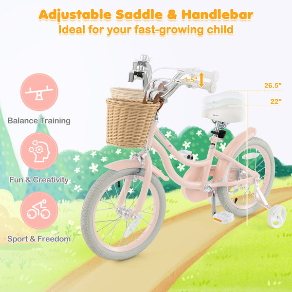 16-inch kids bike with training wheels and adjustable seat, perfect for young riders learning to balance.
