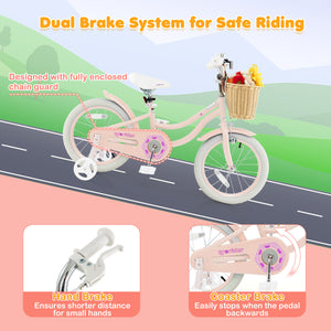 16-inch kids bike with training wheels and adjustable handlebars, perfect for young riders learning to balance.