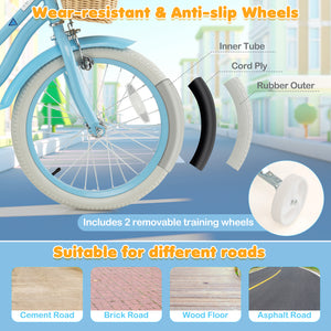 18-inch kids bike with training wheels and adjustable seat, perfect for young riders learning to balance and ride.
