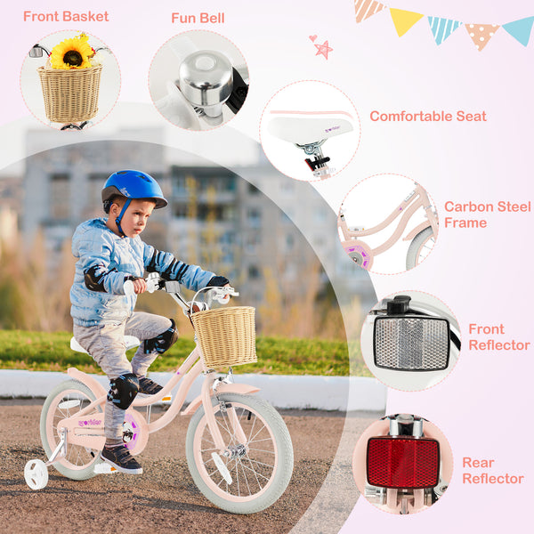 16-inch kids bike with training wheels and adjustable handlebar seat, perfect for young riders learning to balance.