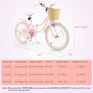 18-inch kids bike with training wheels and adjustable seat, perfect for young riders learning to balance and ride.