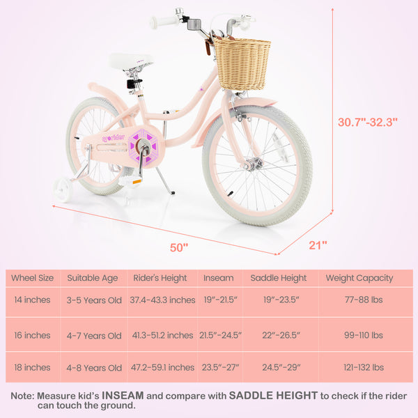18-inch kids bike with training wheels and adjustable seat, perfect for young riders learning to balance and ride.