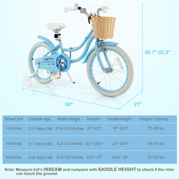 18-inch kids bike with training wheels and adjustable seat, perfect for young riders, shown from angle 5.
