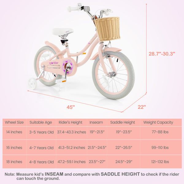 16-inch kids bike with training wheels and adjustable seat, perfect for young riders learning to balance and ride.