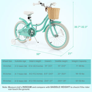 18-inch kids bike with training wheels and adjustable seat, perfect for young riders learning to balance and ride.