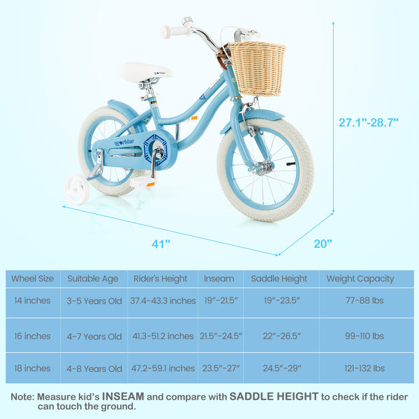 14-inch kids bike with training wheels and adjustable seat, perfect for young riders learning to balance and ride.