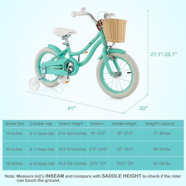 14-inch kids bike with training wheels and adjustable seat, perfect for young riders learning to balance and ride.