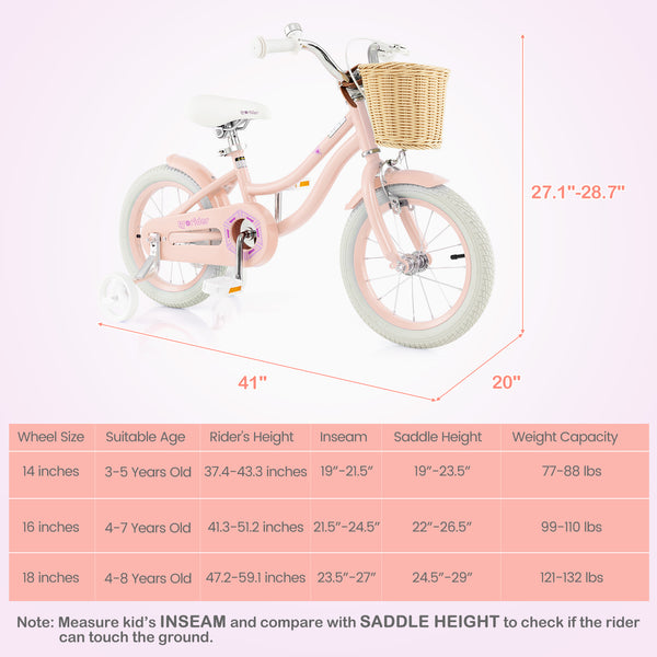 14-inch kids bike with training wheels and adjustable seat, perfect for young riders learning to balance and ride.