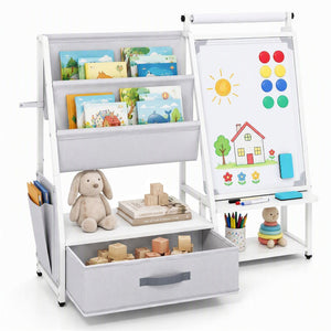 Kids Bookshelf Art Easel with Toy Organizer and Magnetic Whiteboard