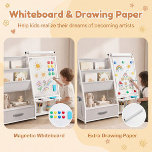 Kids Bookshelf Art Easel with Toy Organizer and Magnetic Whiteboard