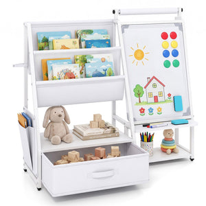 Kids Bookshelf Art Easel with Toy Organizer and Magnetic Whiteboard