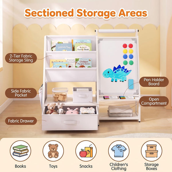 Kids Bookshelf Art Easel with Toy Organizer and Magnetic Whiteboard