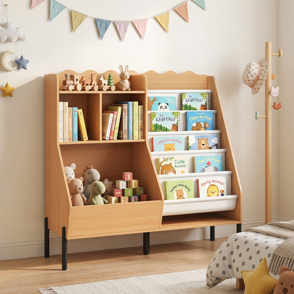 Kids Bookshelf and Toy Storage Organizer Wooden Bookcase with 5 Fabric Pockets