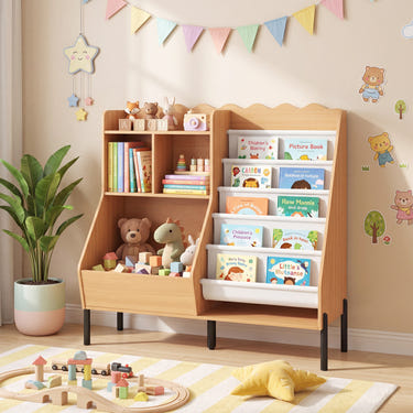 Kids Bookshelf and Toy Storage Organizer Wooden Bookcase with 5 Fabric Pockets