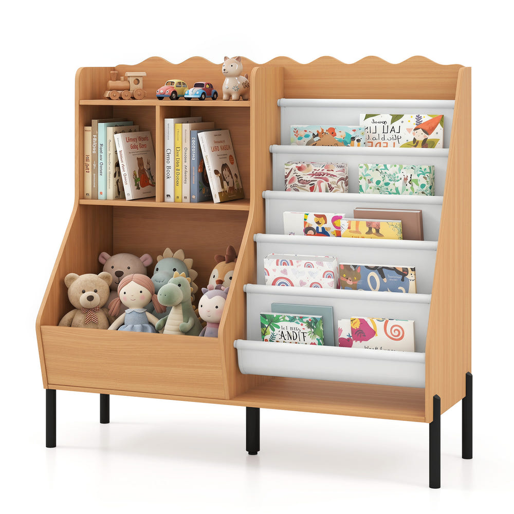 Kids Bookshelf and Toy Storage Organizer Wooden Bookcase with 5 Fabric Pockets