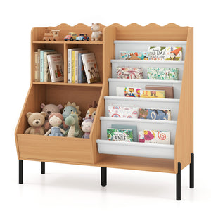 Kids Bookshelf and Toy Storage Organizer Wooden Bookcase with 5 Fabric Pockets