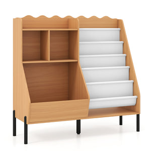 Kids Bookshelf and Toy Storage Organizer Wooden Bookcase with 5 Fabric Pockets
