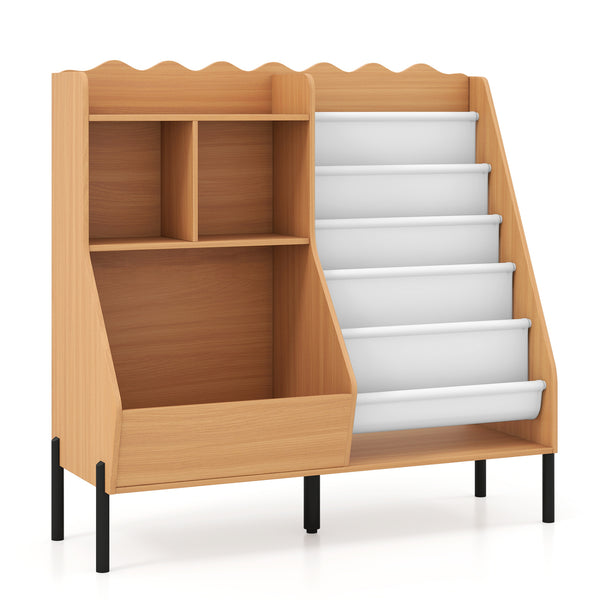 Kids Bookshelf and Toy Storage Organizer Wooden Bookcase with 5 Fabric Pockets