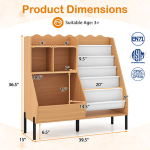 Kids Bookshelf and Toy Storage Organizer Wooden Bookcase with 5 Fabric Pockets