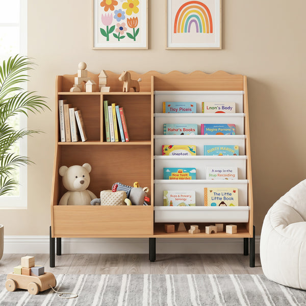 Kids Bookshelf and Toy Storage Organizer Wooden Bookcase with 5 Fabric Pockets