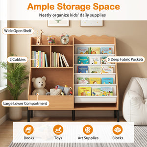 Kids Bookshelf and Toy Storage Organizer Wooden Bookcase with 5 Fabric Pockets