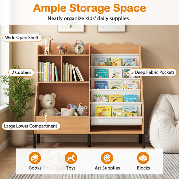 Kids Bookshelf and Toy Storage Organizer Wooden Bookcase with 5 Fabric Pockets