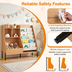 Kids Bookshelf and Toy Storage Organizer Wooden Bookcase with 5 Fabric Pockets