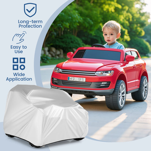 Kids car cover for power ride-on toy car, featuring a storage bag, shown at angle 8. Perfect for toy protection!