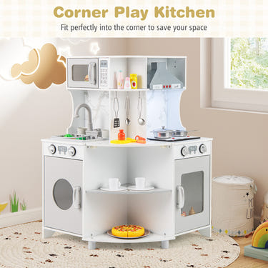 Kids Corner Wooden Play Kitchen with Range Hood and Stoves