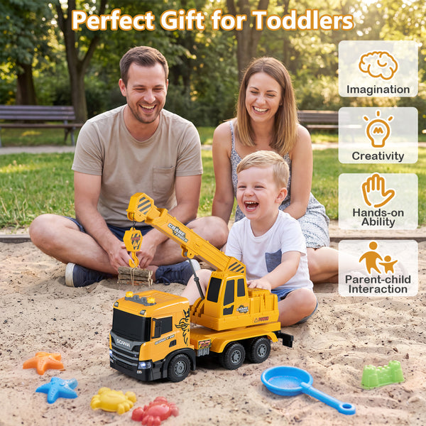 Kids Crane Truck Toy with Sounds and Telescopic Arm Licensed Scania-Yellow