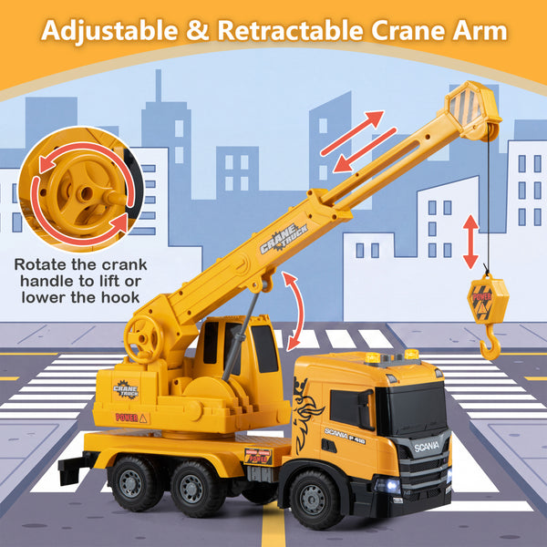 Kids Crane Truck Toy with Sounds and Telescopic Arm Licensed Scania-Yellow