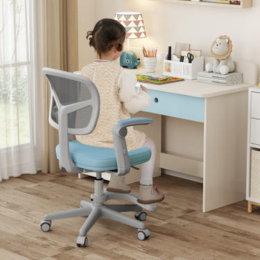 Kids adjustable height study chair with armrest and footrest in blue for children. Ideal for comfort and support.
