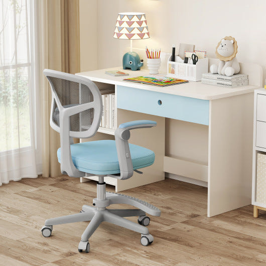 Kids adjustable height study chair with armrest and footrest in blue for children. Ideal for comfort and support.