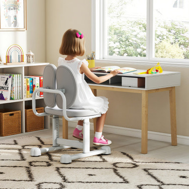 Kids desk chair with double back support, adjustable height, and gray design for comfortable study seating.