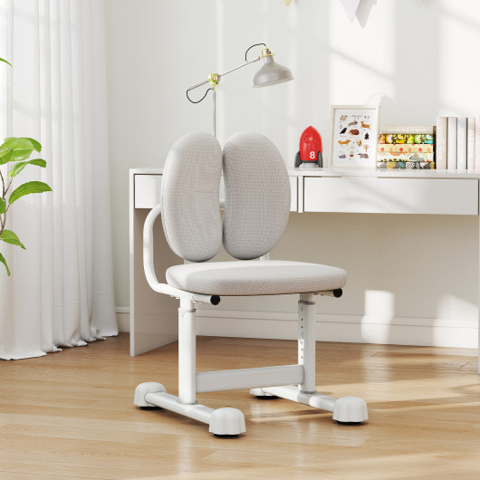 Kids desk chair with double back support, adjustable height, and gray design for comfortable study seating.