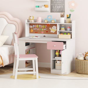 Kids Desk and Chair Set with Hutch and 3-Layer Side Shelf-Pink