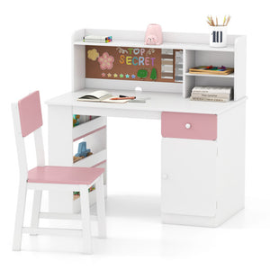 Kids Desk and Chair Set with Hutch and 3-Layer Side Shelf-Pink